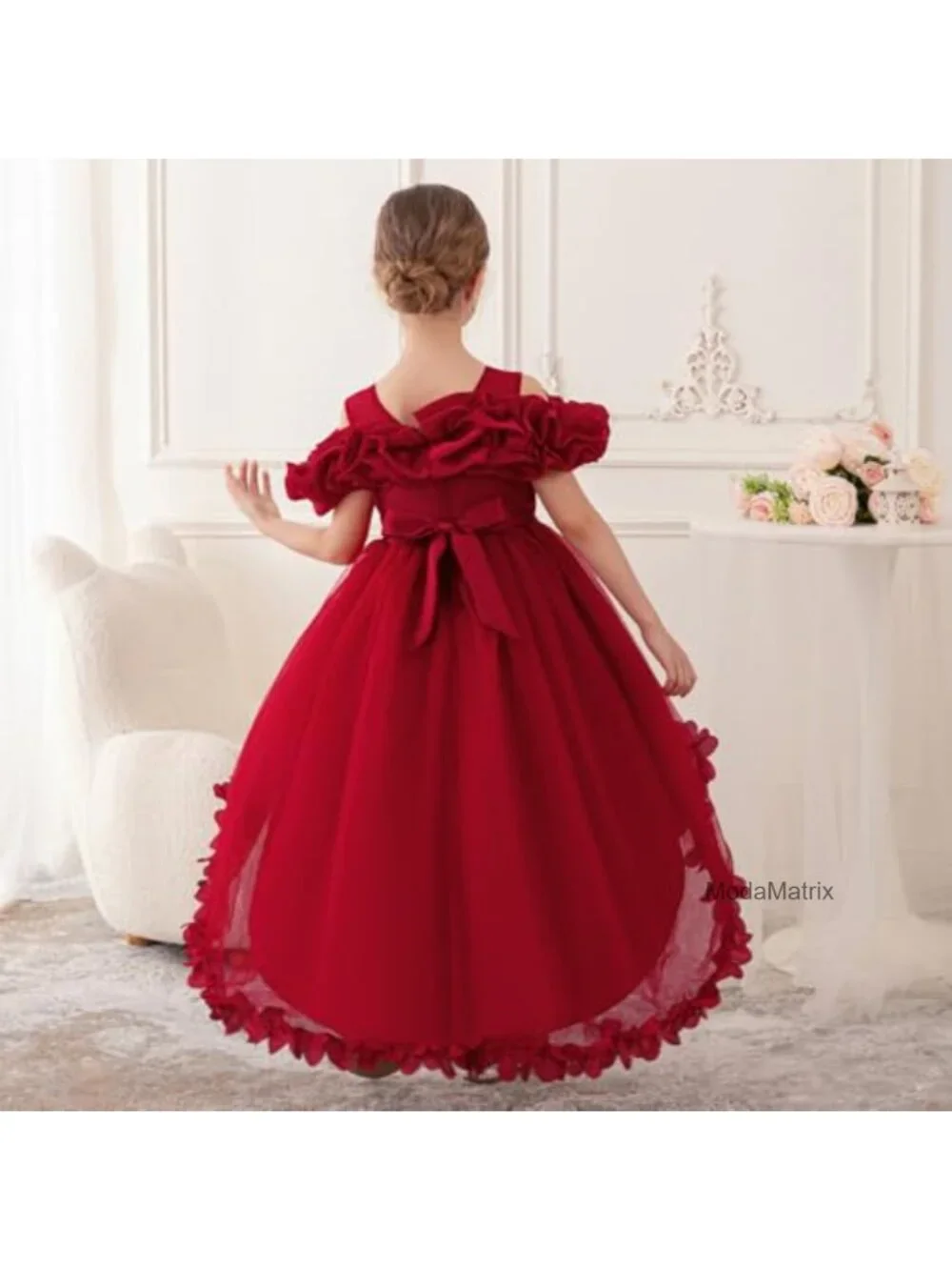Girls Princess Dress Ruffle Tulle Satin Pageant Gown with Train